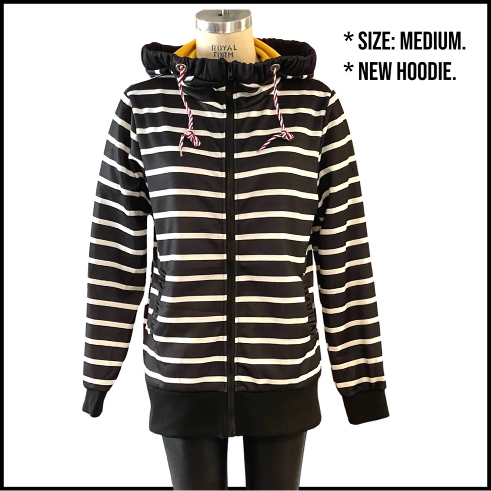 NEW, Navy Striped, Zip Front Hoodie. Sz: M.